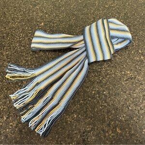 Navy Light Blue Yellow Crochet Knit Fringe Belt or Scarf Womens Accent Accessory